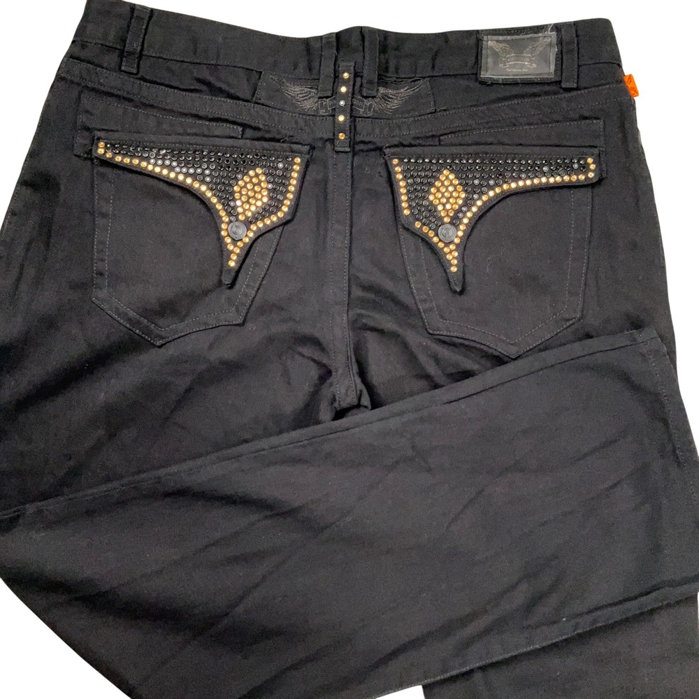 Robin's Jeans Mens 40W 35L Black Gold Stud Long‎ Flap Pocket Straight Denim